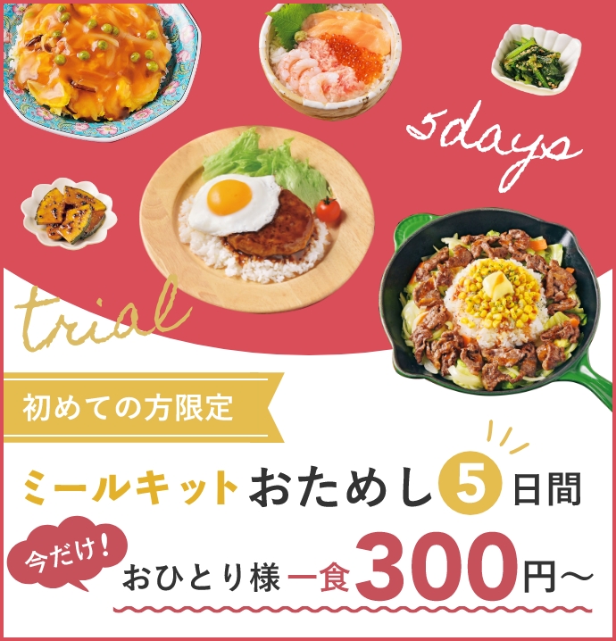 初めての方限定 ミールキットおためし5日間 今だけ！おひとり様一食300円～